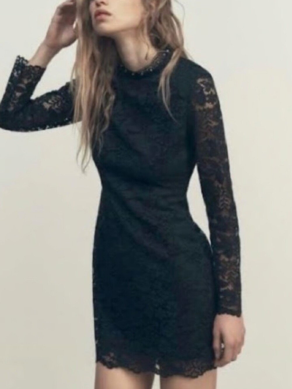 Zara Black Lace Long Sleeve Mini Dress Stud Neckline Sz L
